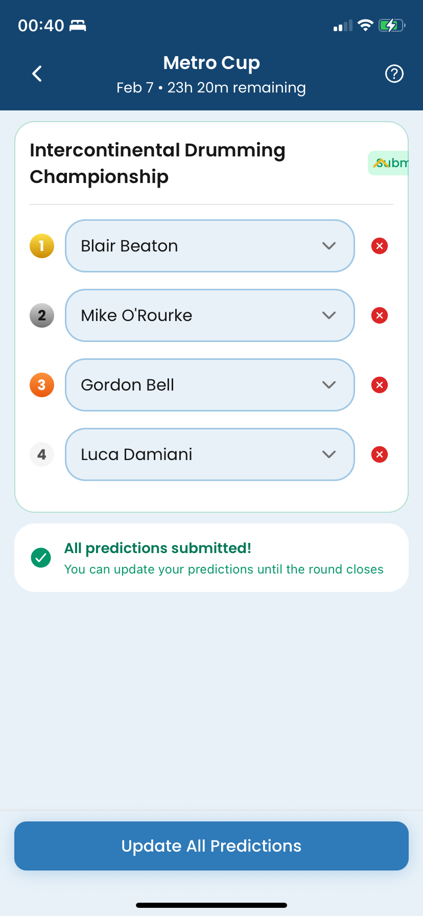 Predictions screen