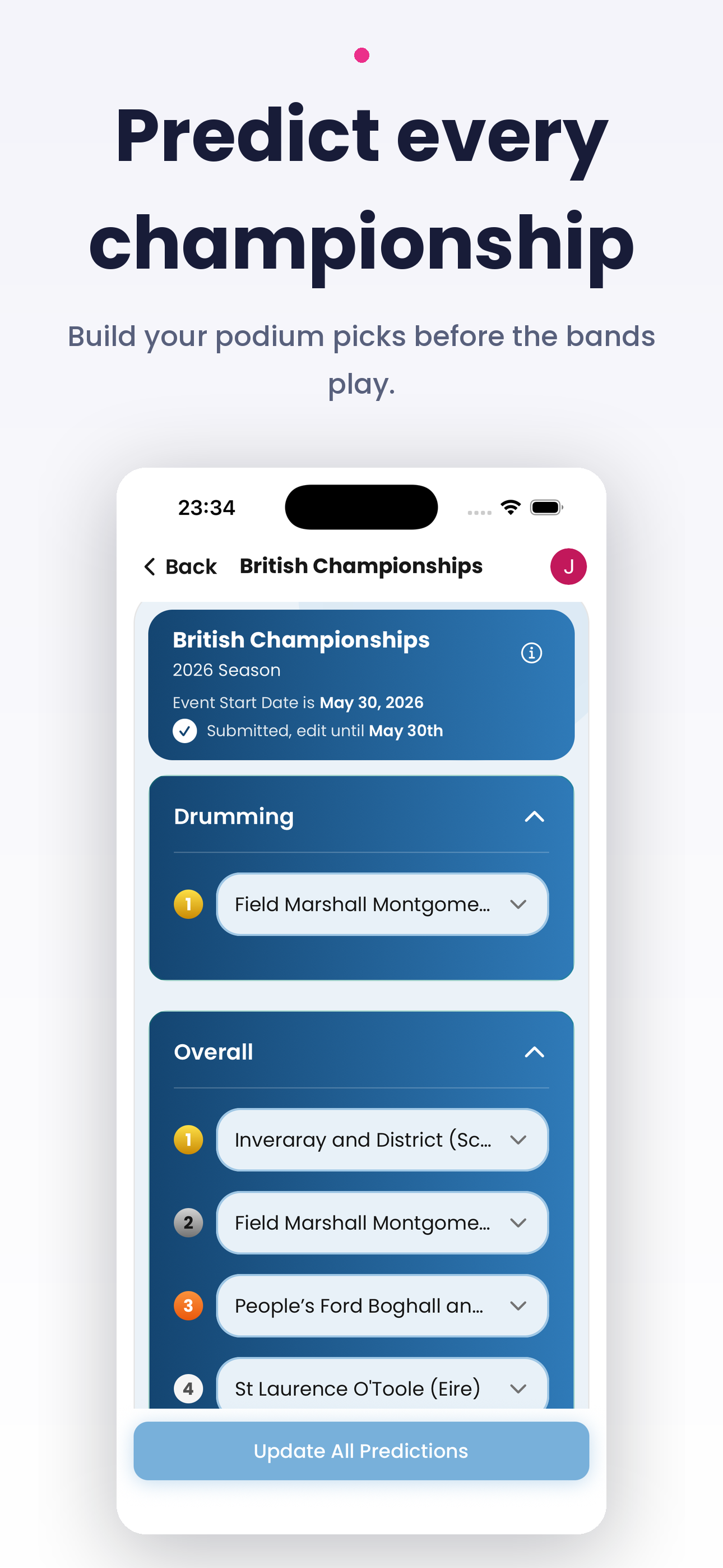 Pipe Band Predictor predictions screen